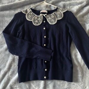 SAVIOR Navy Blue Lace Collar Cardigan with Pearl Buttons